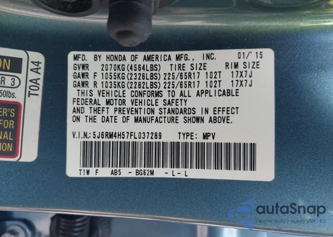 2015 Honda Cr-V Ex z USA, uszkodzony, nr VIN 5J6RM4H57FL037289